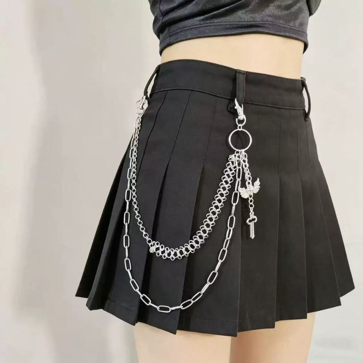 Unique women's chain pleated skirt, a trendy statement piece for party wear or a stylish casual look.