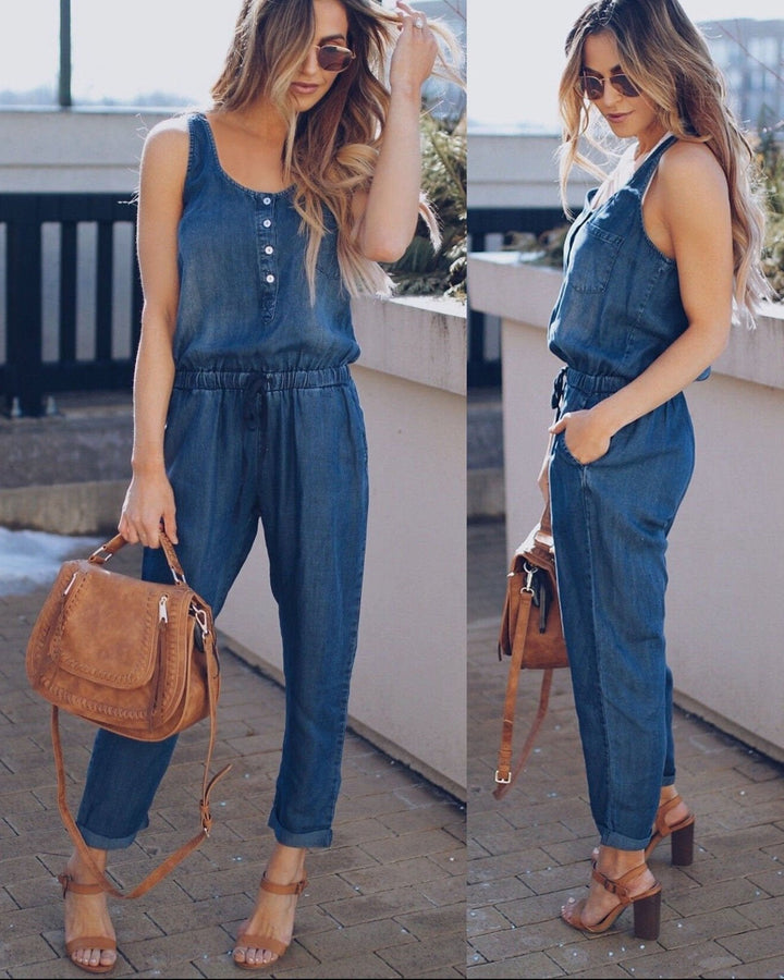 Women's stylish sleeveless jumpsuit, perfect for summer casual wear or vacation outfits.