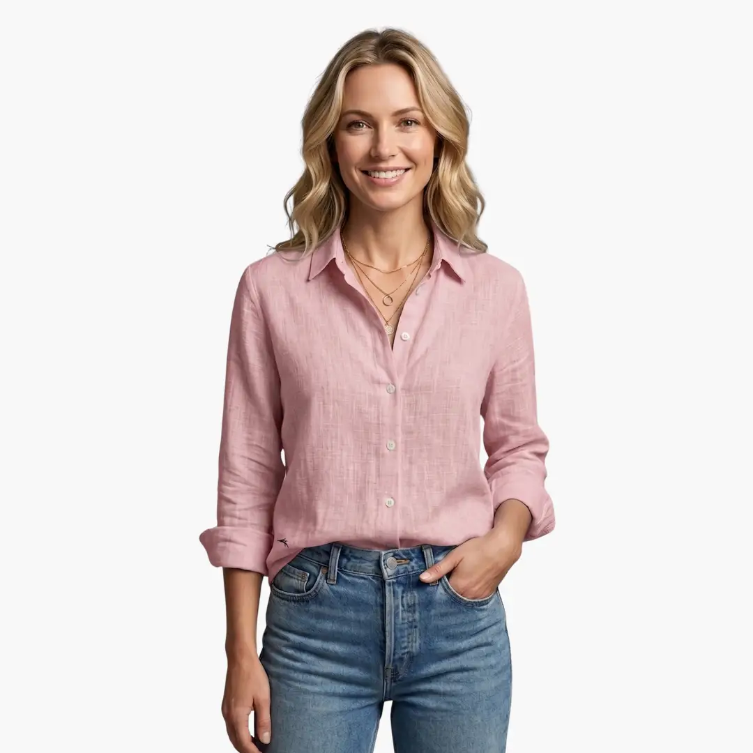 Women's slubbed long sleeve blouse. Chic button-up collared top for stylish spring and autumn casual fashion.