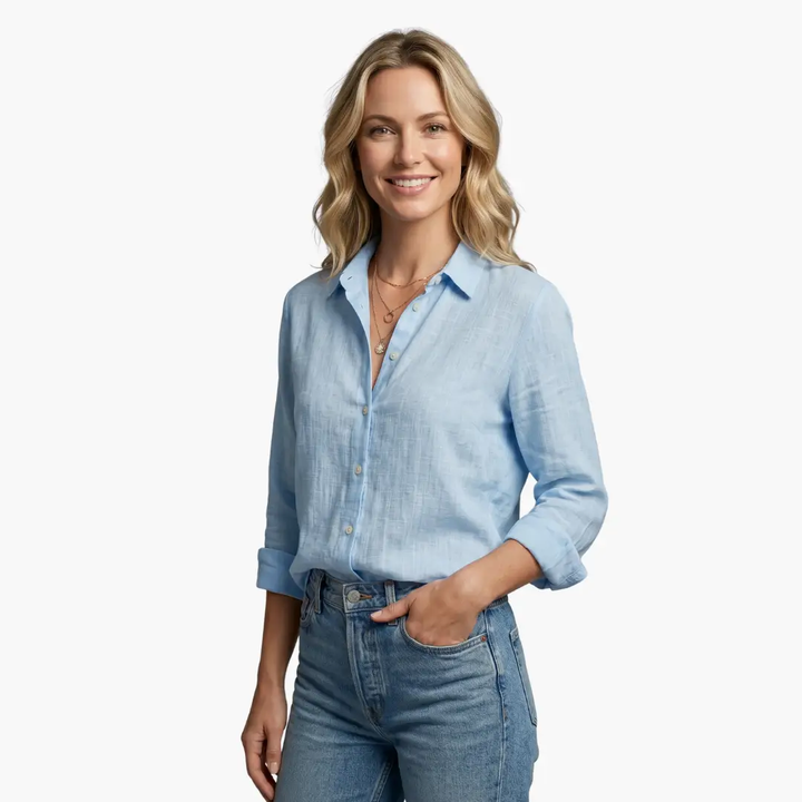 Women's straight fit slubbed long sleeve blouse. Elegant button-up top for versatile spring & autumn fashion.