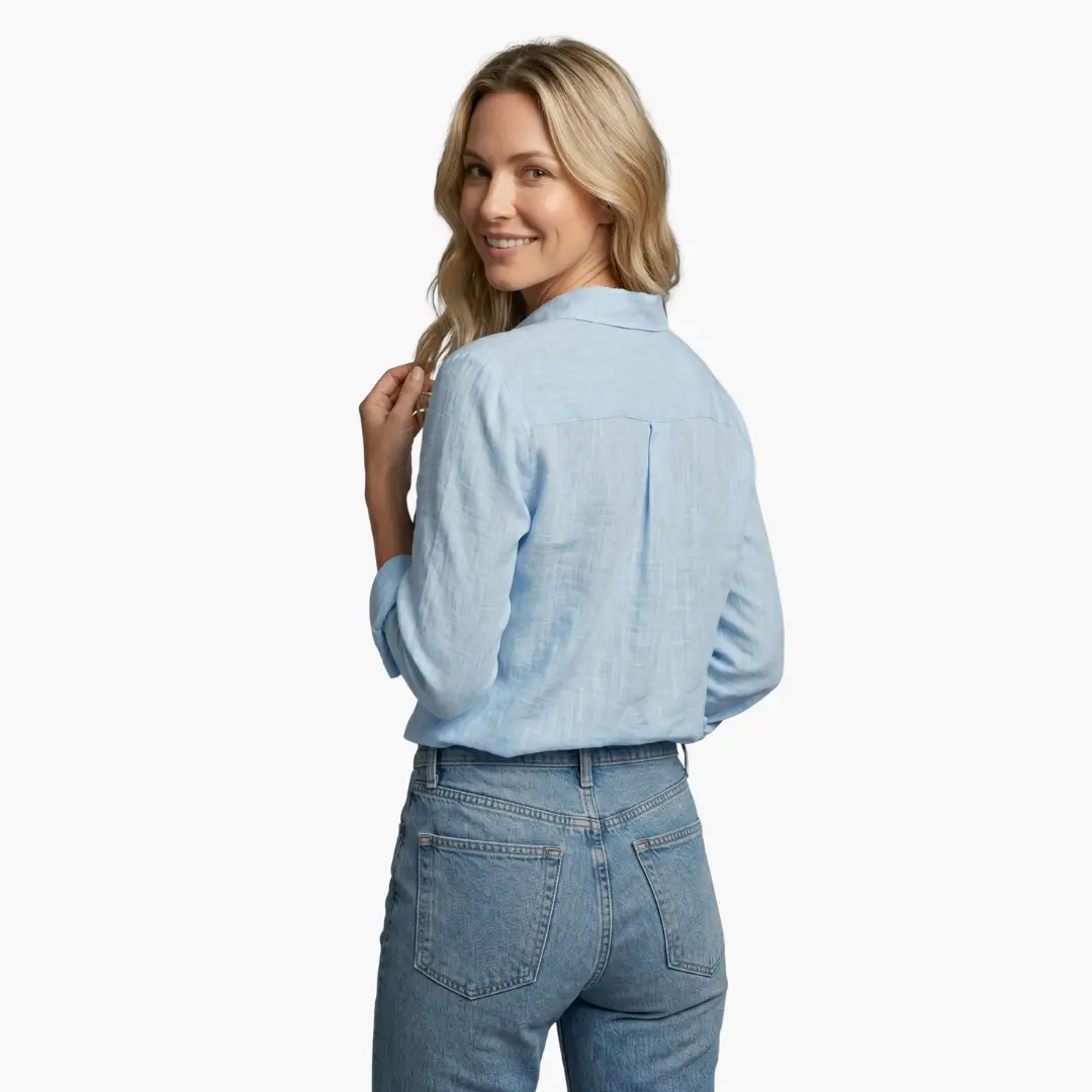Versatile women's slubbed long sleeve blouse. Stylish button-up collared top for casual & everyday wear.