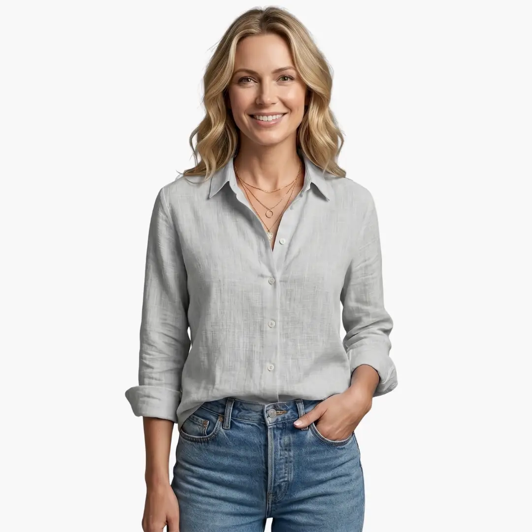 Blue slubbed texture long sleeve blouse for women. Versatile button-up collared top, perfect for casual style.