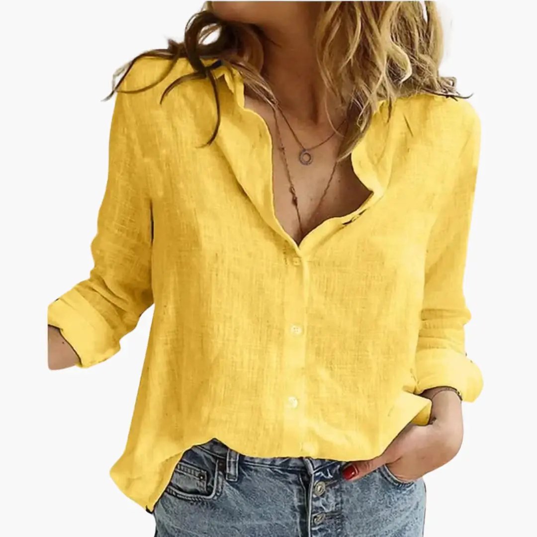 Soft slubbed long sleeve women's blouse. Comfortable button-up collared top, ideal for spring & autumn.