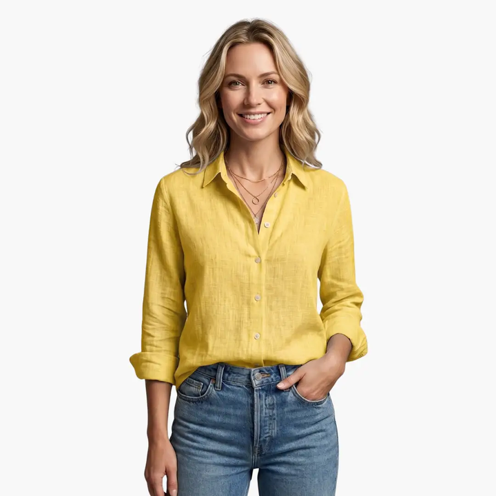 Women's slubbed long sleeve button-up blouse. Versatile collared top with a straight fit for everyday chic.