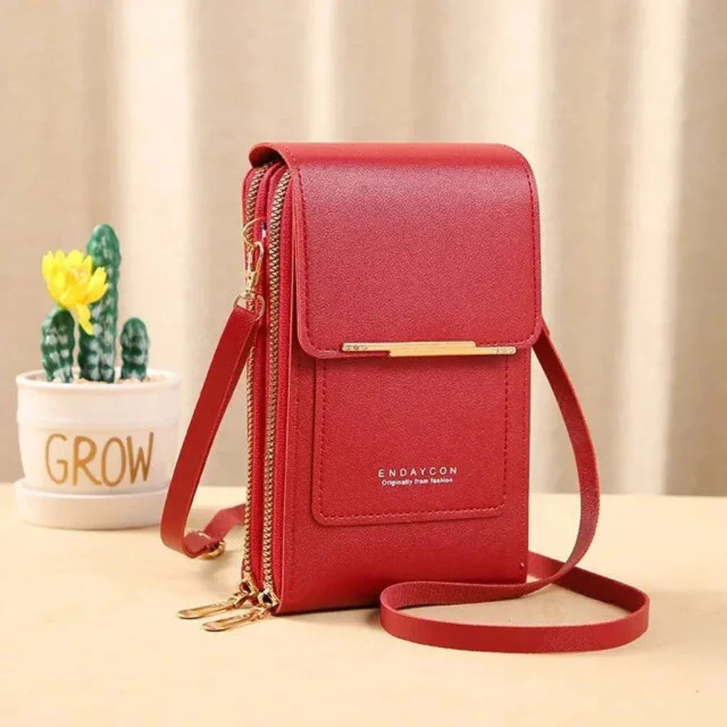 PU leather women's anti-theft crossbody bag with clear touch screen for phone. Stylish & secure.