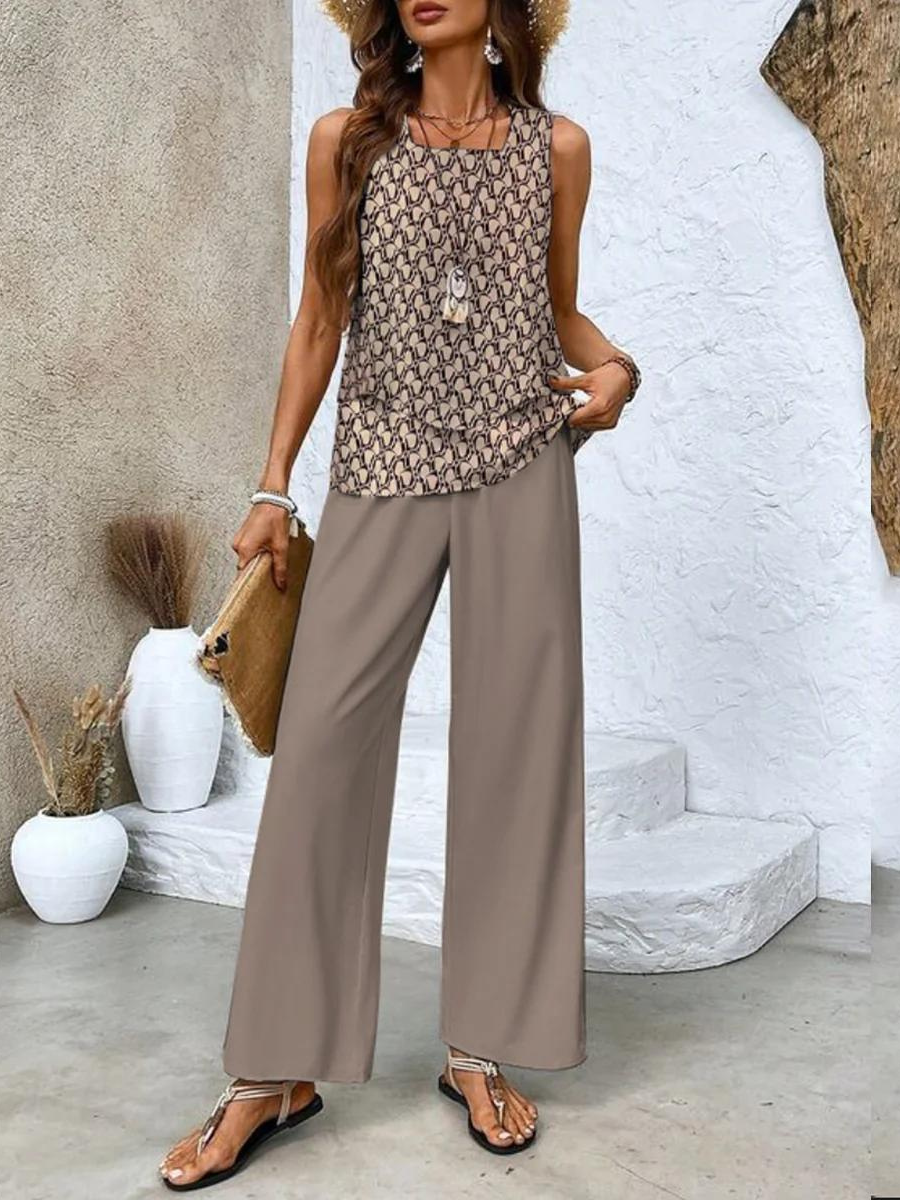 Wide leg printed trousers from a women's two-piece set, featuring a stylish print & comfortable relaxed fit.
