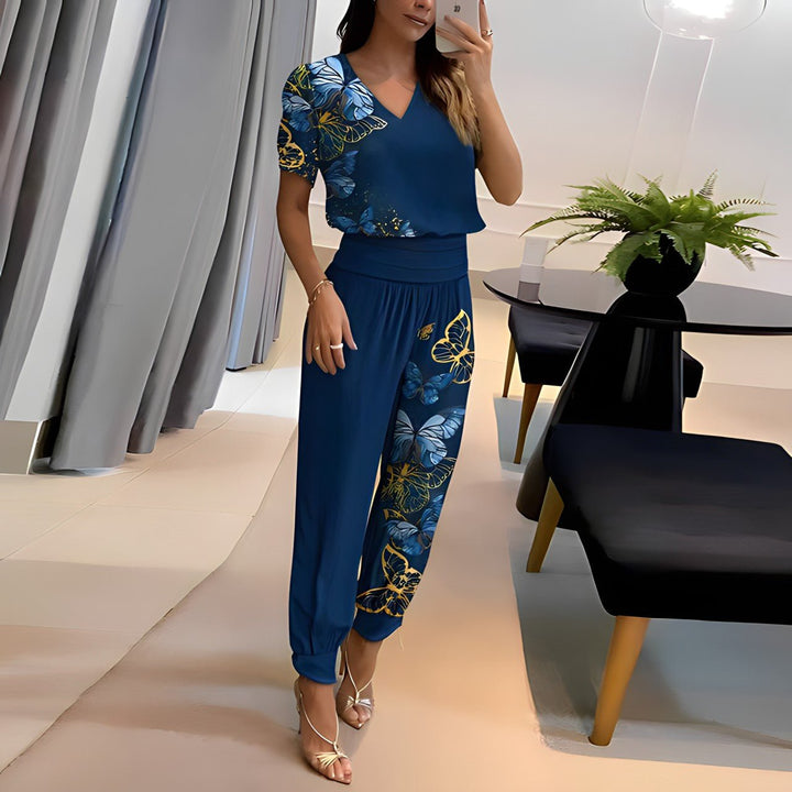 Comfortable women's V-neck printed two-piece loungewear set for stylish casual outfits.