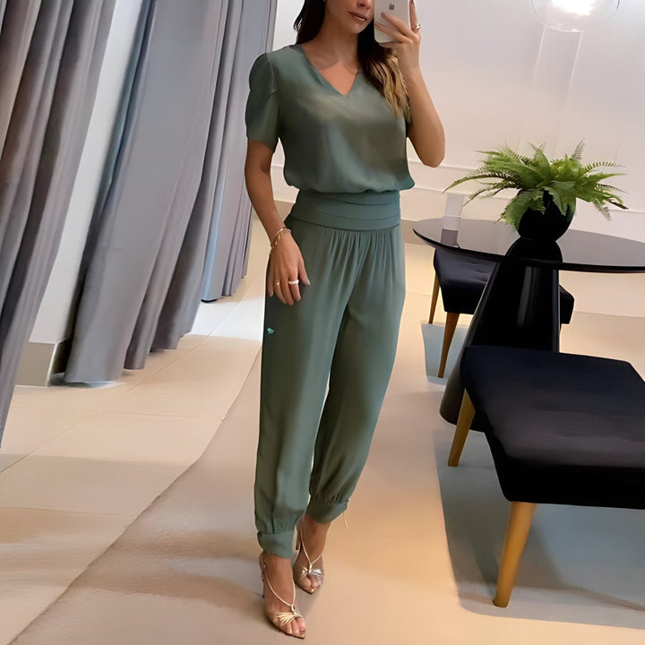 Elegant women's V-neck two-piece set featuring a stylish print, ideal for a chic casual outfit.