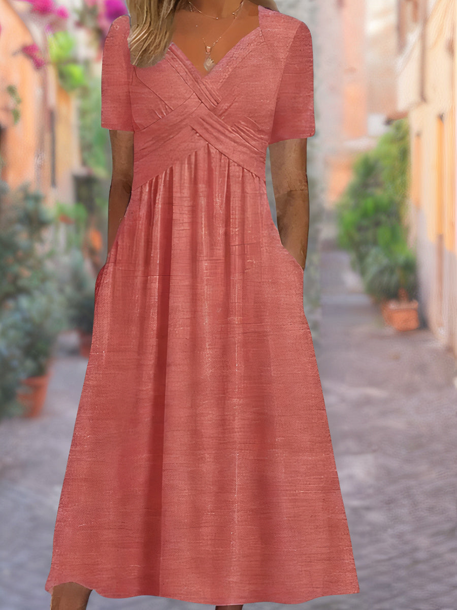 Elegant V-neck summer dress for women, a versatile piece for stylish beachwear & everyday fashion.