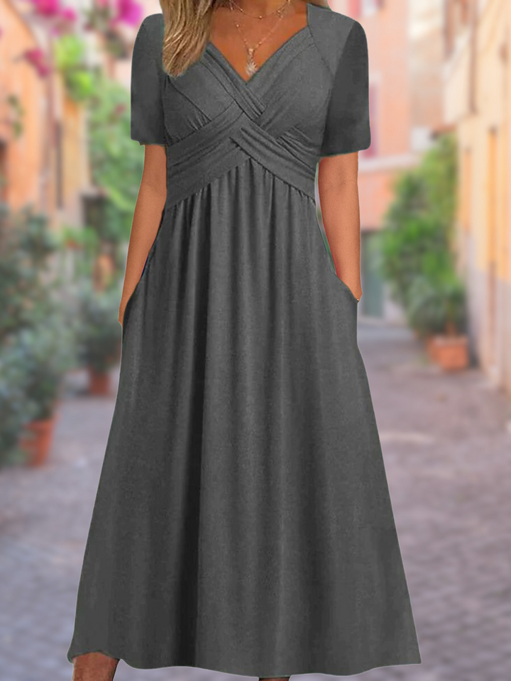 Comfortable relaxed fit V-neck women's dress, ideal for cool summer fashion & casual wear.