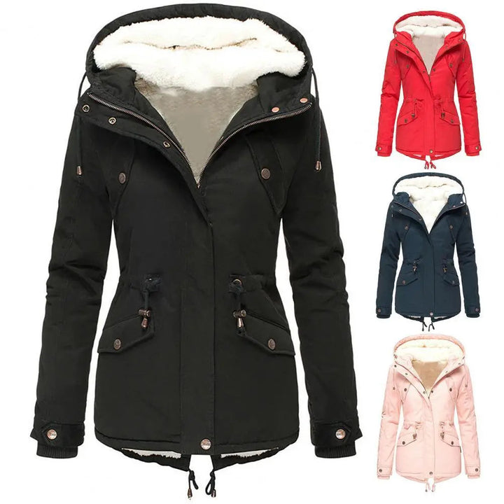 Women's stylish water-resistant winter jacket, perfect for warm outdoor adventures & everyday cold weather wear.