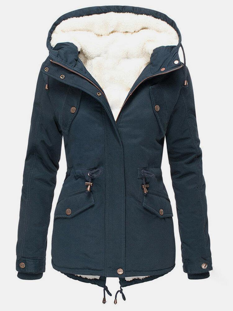Stylish women's water-resistant winter coat with zipper, designed for warmth and comfort in cold conditions.