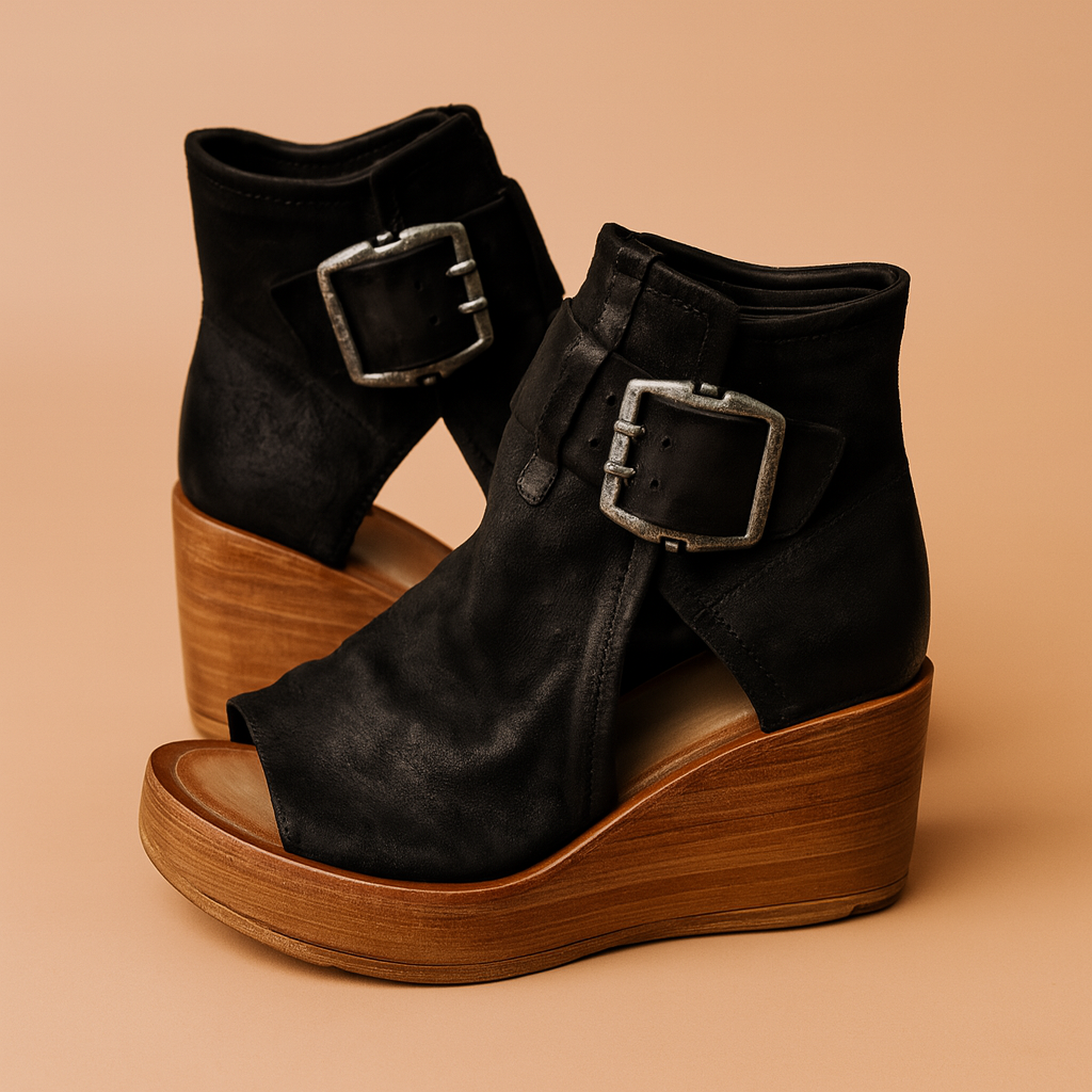 Women's stylish wedge sandals with a bold buckle detail, perfect for summer fashion and chic evening wear.