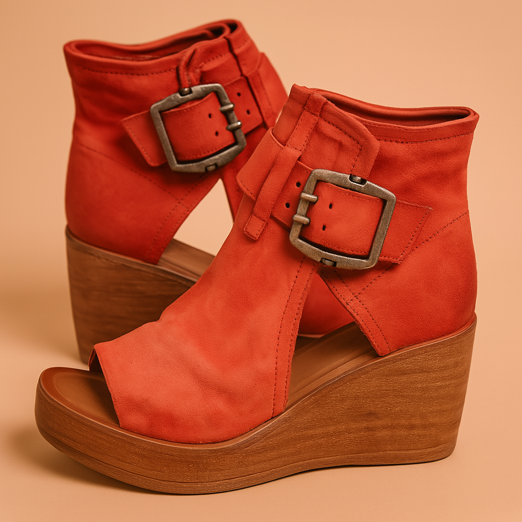 Fashionable women's wedge sandals with a unique bold buckle, offering a trendy and comfortable shoe option.
