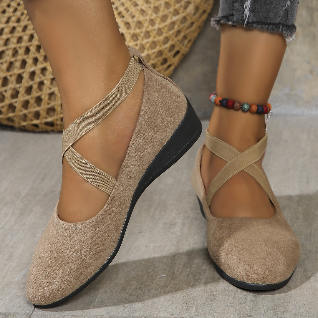 Versatile women's wedge heels with elastic band, great for office, casual, or elegant outfits. Stylish & comfy.