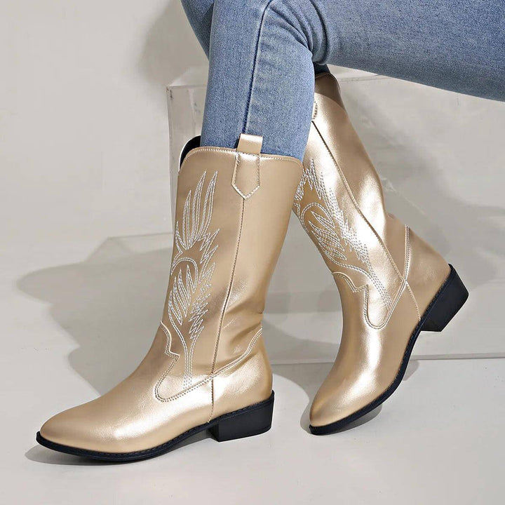 Women's stylish Western cowboy boots, comfortable pull-on fashion footwear.