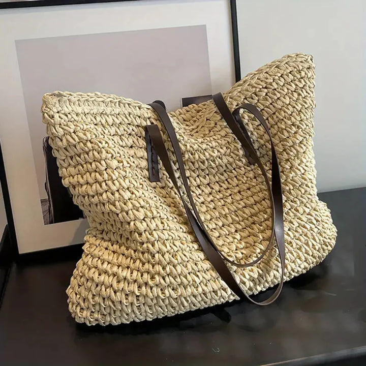 Women's neutral woven tote bag. Stylish daily carry shoulder bag and fashion accessory.