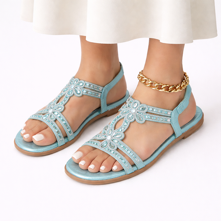 Elegant women's casual sandals featuring a beautiful crystal-studded floral pattern for summer style.
