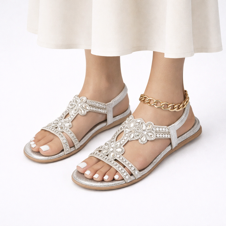 Women's elegant floral crystal comfort sandals, designed for a sparkling and relaxed summer experience.