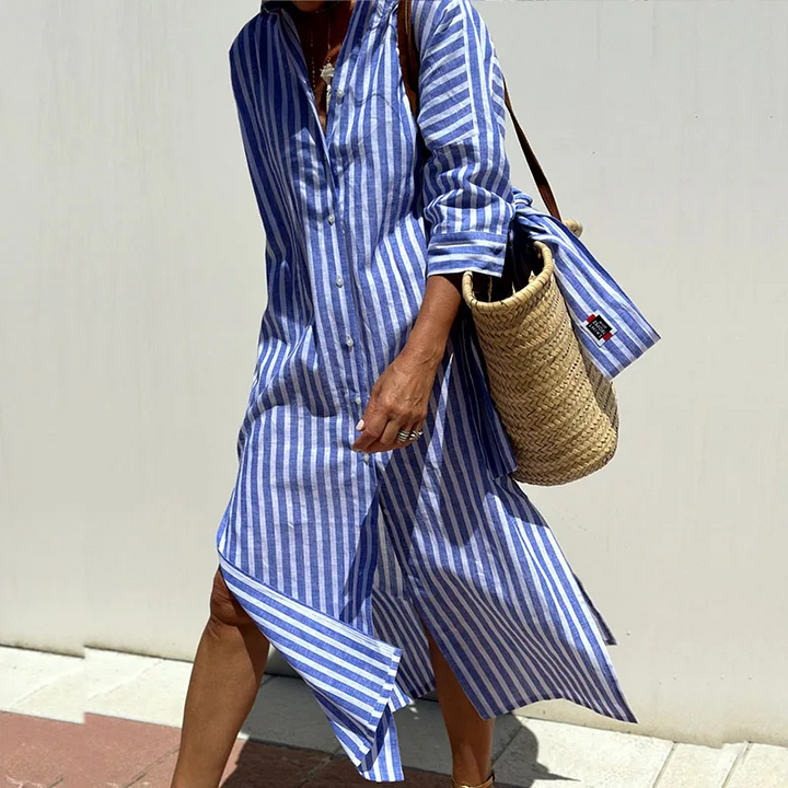 Stylish women's midi shirt dress, relaxed fit, versatile for casual daywear & summer fashion.