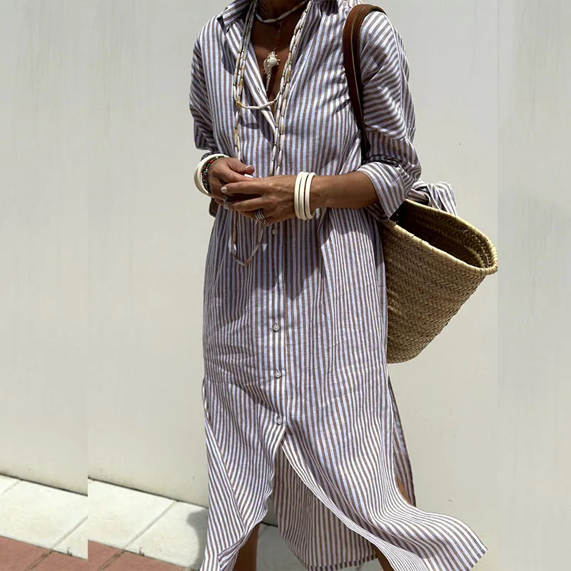 Relaxed fit women's summer shirt dress, midi length, collared for a chic & comfortable look.