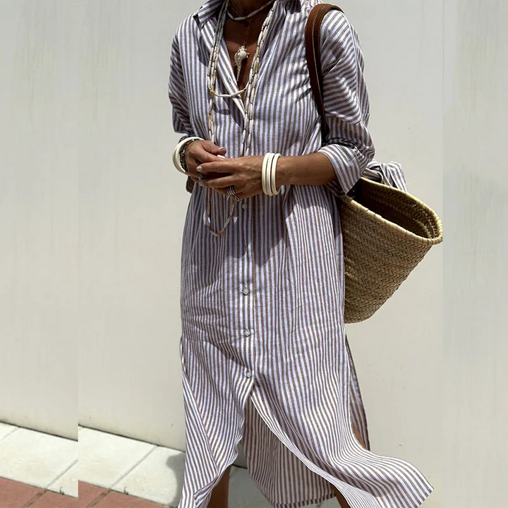 Relaxed fit women's summer shirt dress, midi length, collared for a chic & comfortable look.
