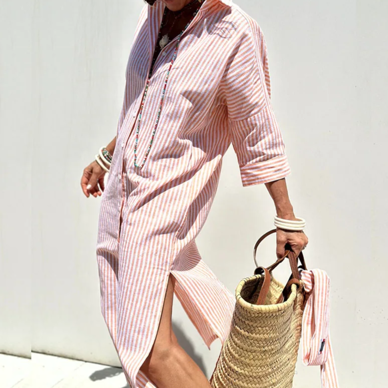 Versatile women's summer shirt dress, stylish midi length, ideal for everyday casual wear.