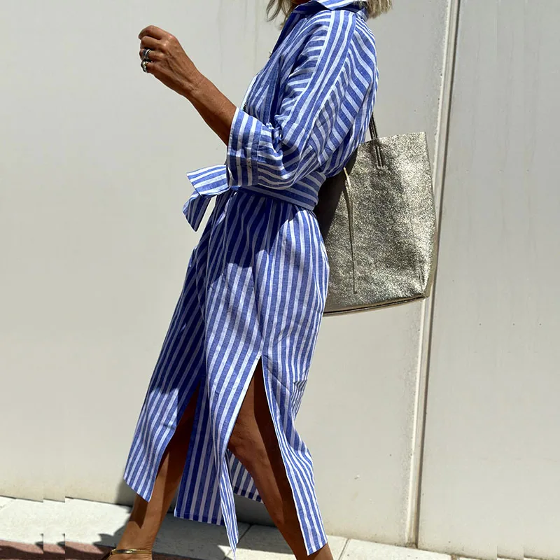 Women's stylish midi shirt dress with a relaxed fit, perfect for warm weather & easy fashion.