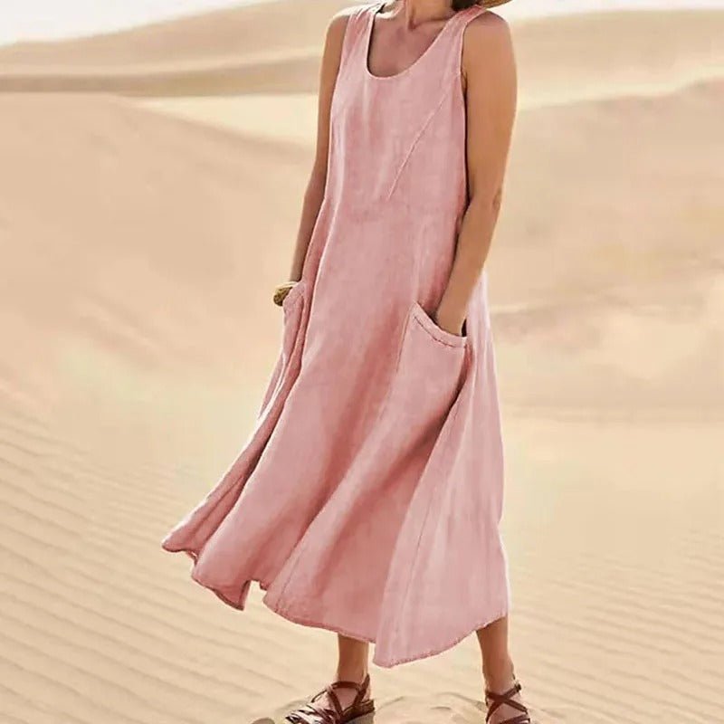 Women's summer U-neck maxi dress with pockets, loose fit bohemian style for casual everyday wear.