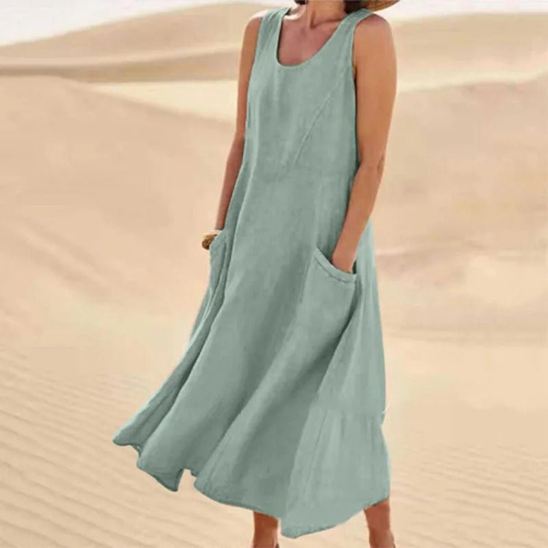 Women's casual summer U-neck maxi dress with pockets, sleeveless & loose-fit for effortless boho style.