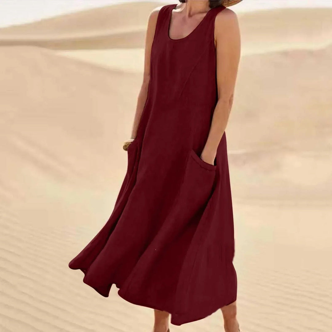 Trendy women's U-neck maxi dress, loose fit with pockets, perfect for summer boho fashion and everyday wear.