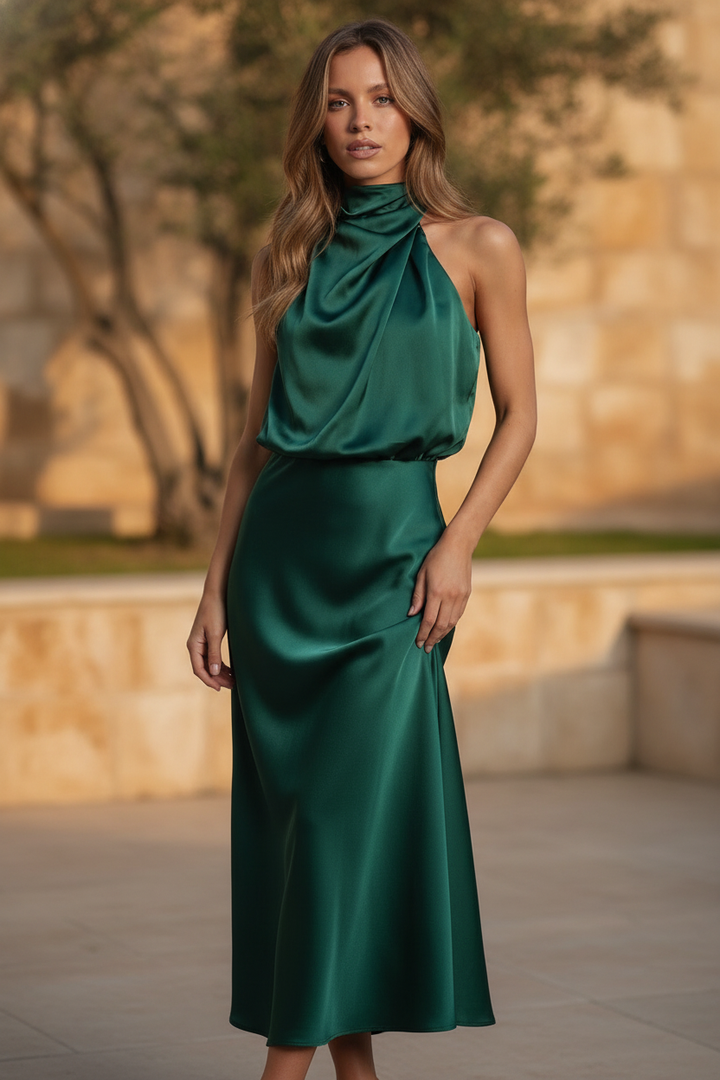 Women's summer wedding guest halter neck midi dress. Elegant occasion wear.