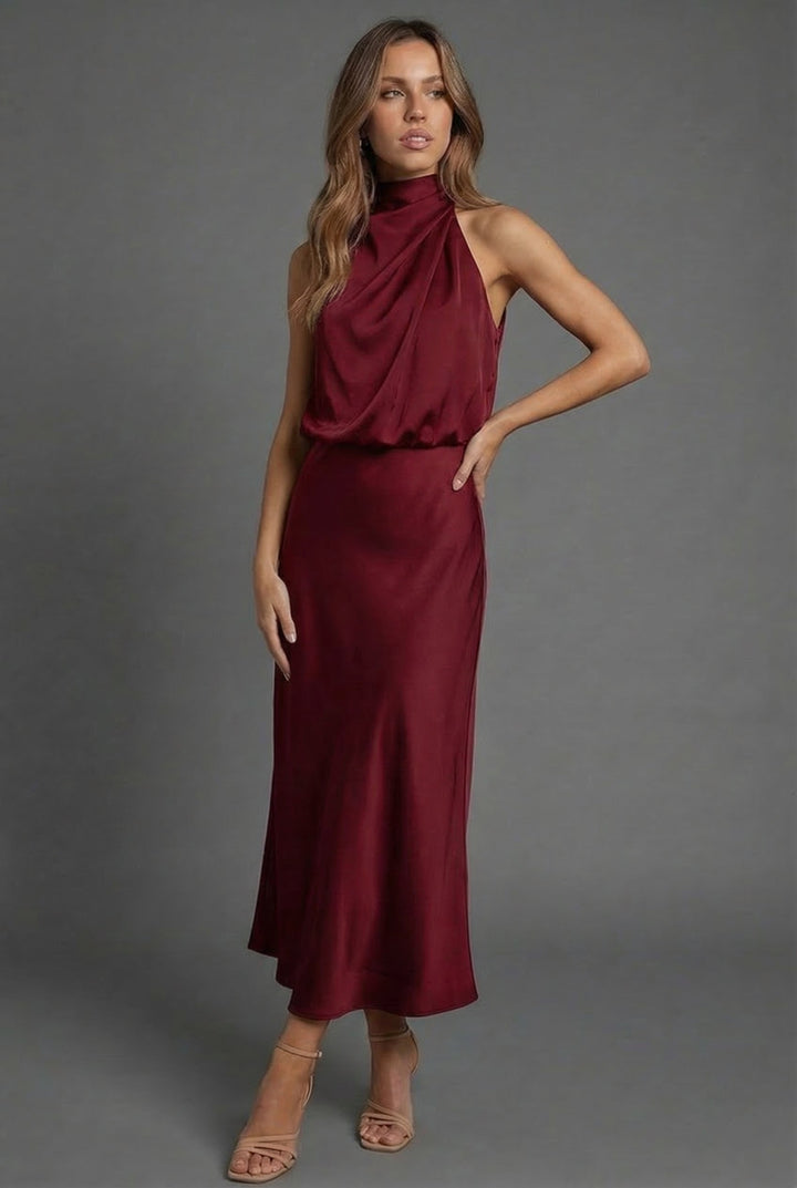 Women's occasion wear: Elegant halter neck midi dress for summer weddings, parties & formal events.