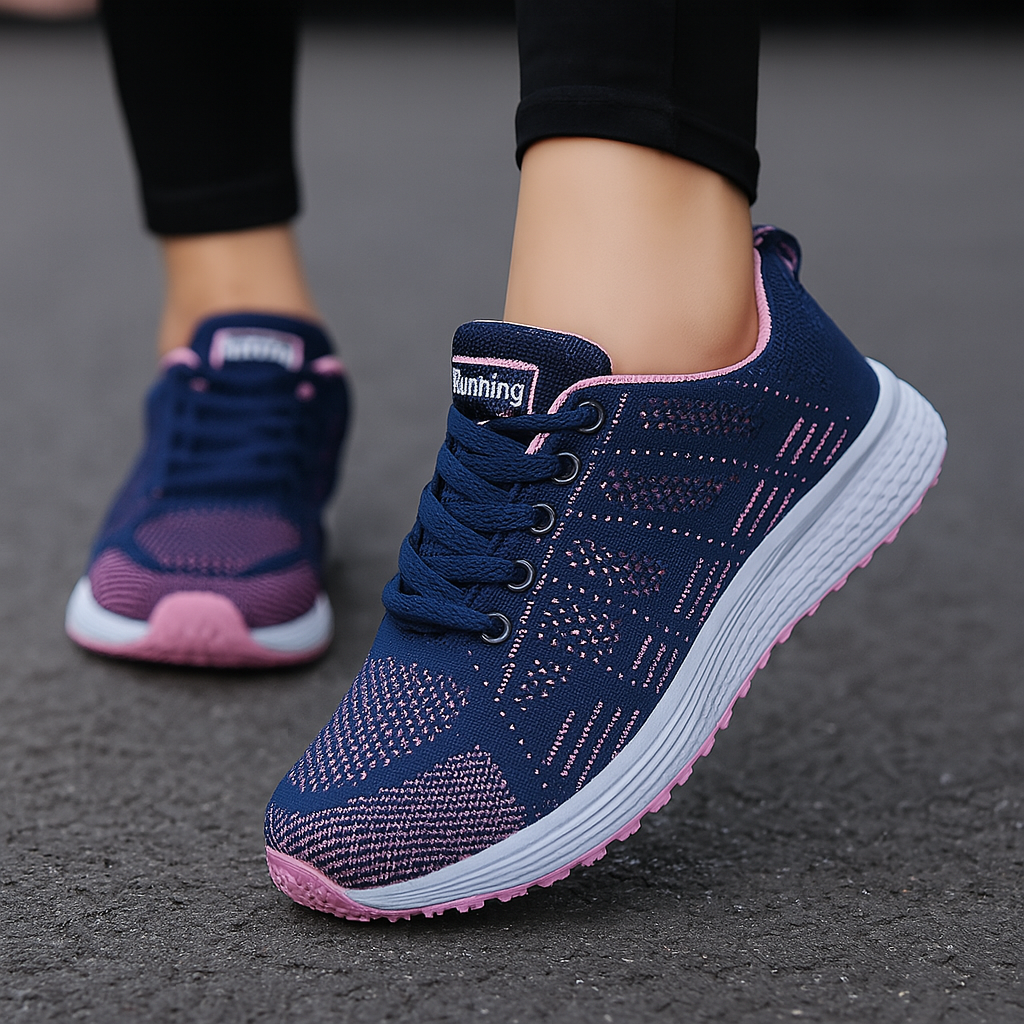 Cushioned women's sports shoes with arch support, designed for balance & all-day walking comfort.
