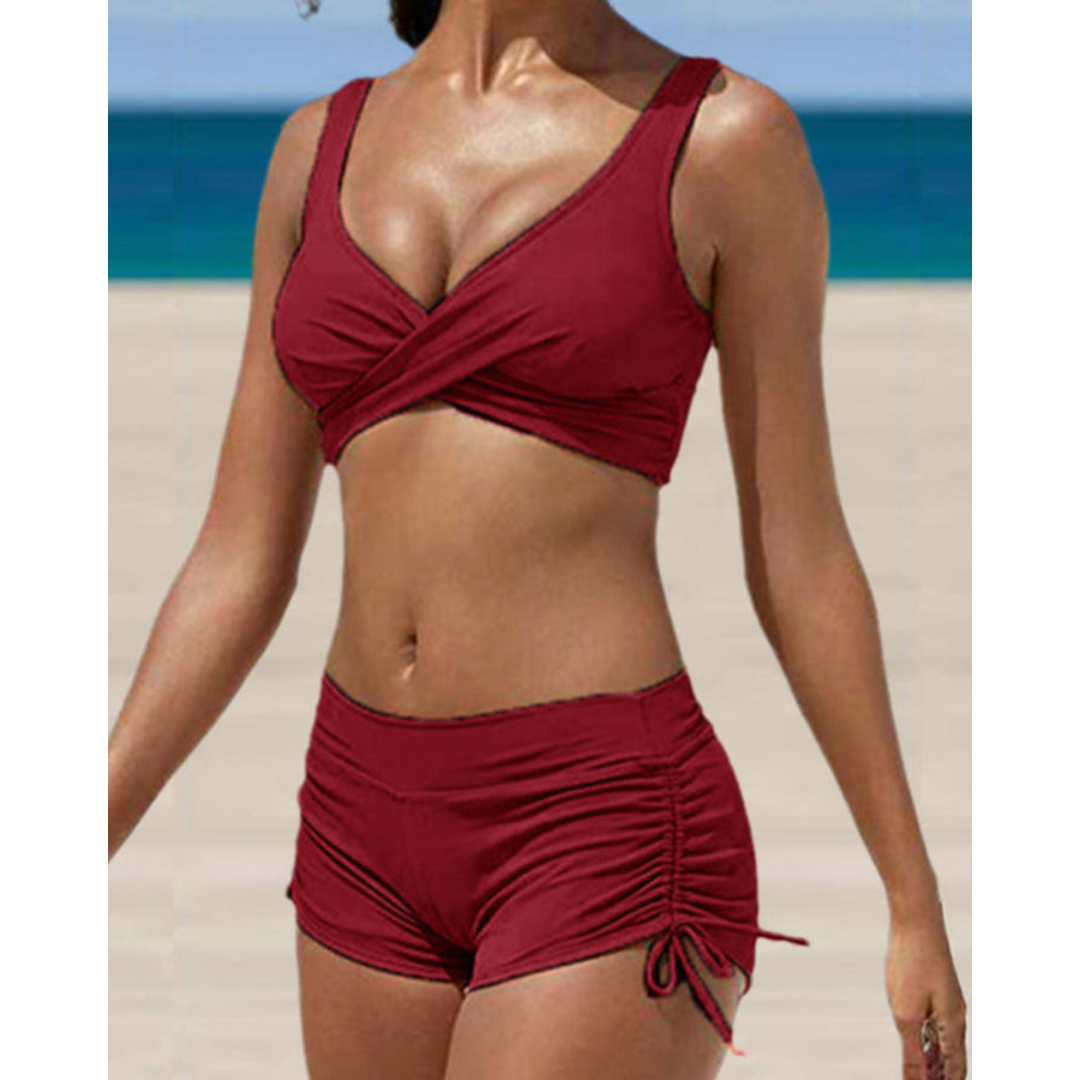 Stylish women's two-piece bikini with supportive top & high-waist bottoms. Ideal for poolside style & comfort.