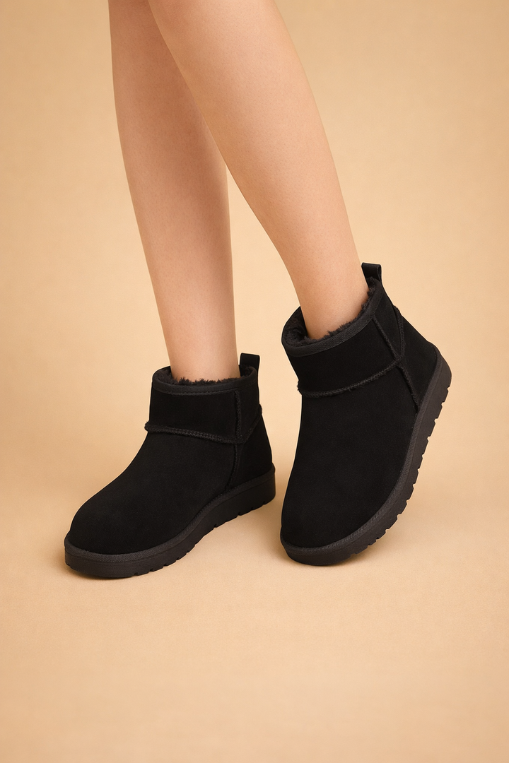 Stylish women's winter boots for outdoor use, featuring a low heel and cozy comfort in snowy conditions.