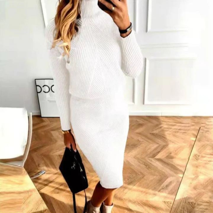 Long sleeve women's knit sweater dress. Versatile casual dress, ideal for everyday wear & winter fashion.