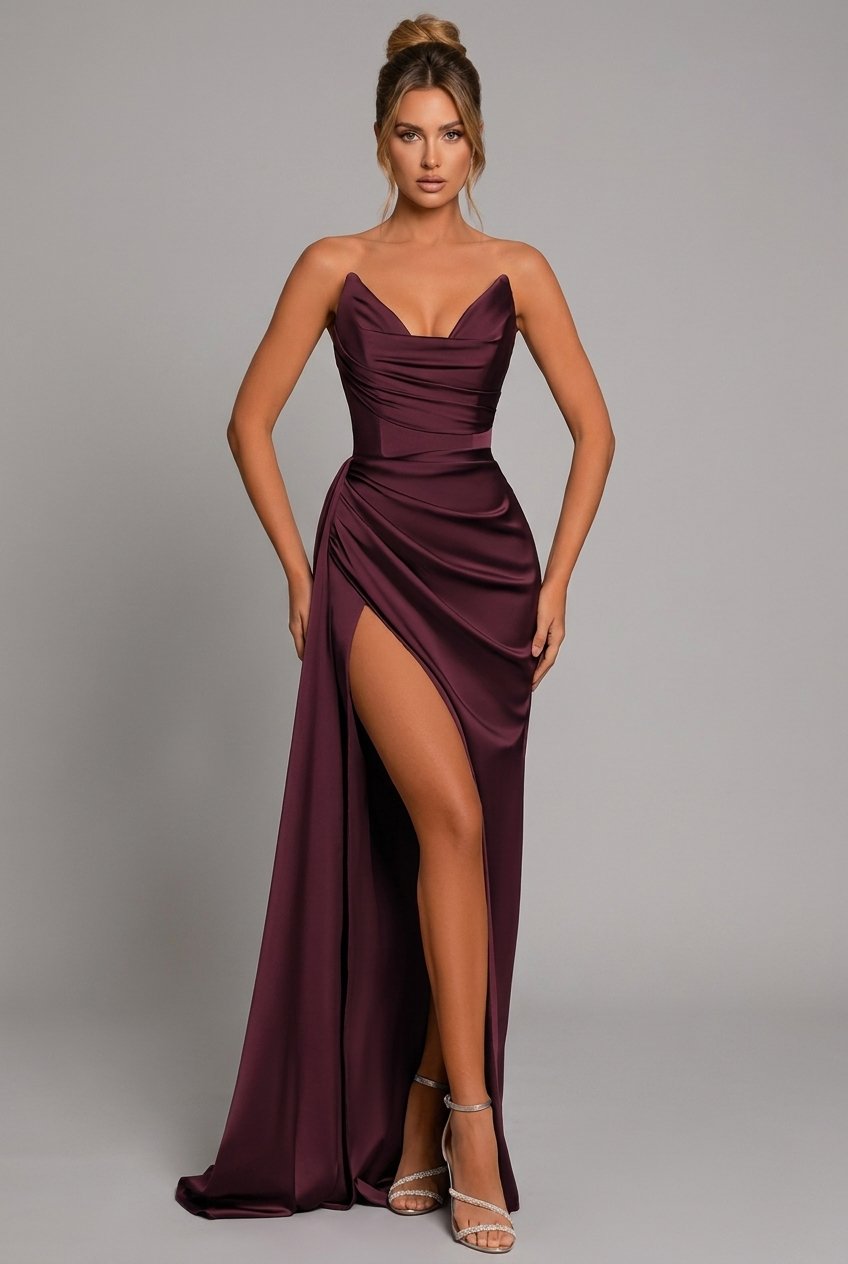Women's sweetheart ruched bodycon maxi dress with thigh split, perfect for formal occasions & evening wear.