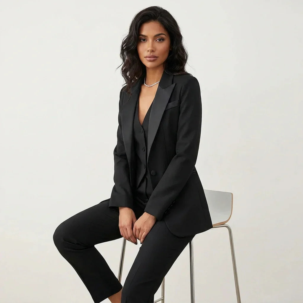 Stylish woman in a sophisticated 3-piece tailored suit, perfect for workwear, business, or formal occasions.