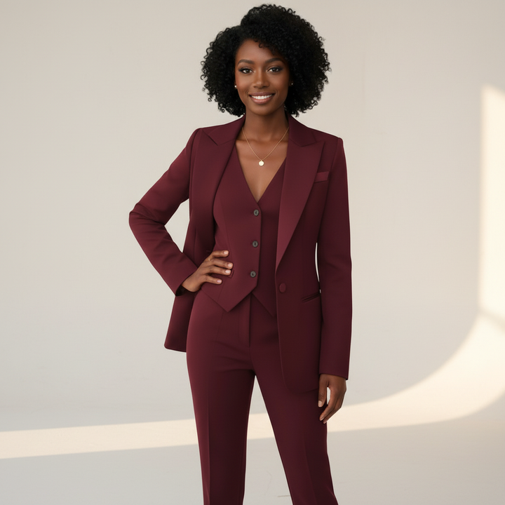 Close-up of women's tailored blazer and vest set, showcasing fine fabric and precise fit for a power suit look.