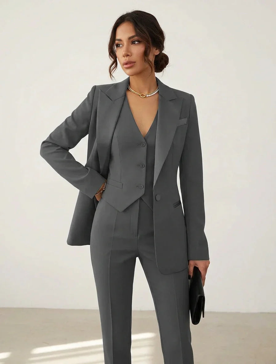 Coordinated women's tailored blazer, vest & trouser set. A chic and versatile 3-piece power suit for any occasion.