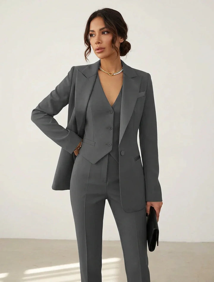 Coordinated women's tailored blazer, vest & trouser set. A chic and versatile 3-piece power suit for any occasion.