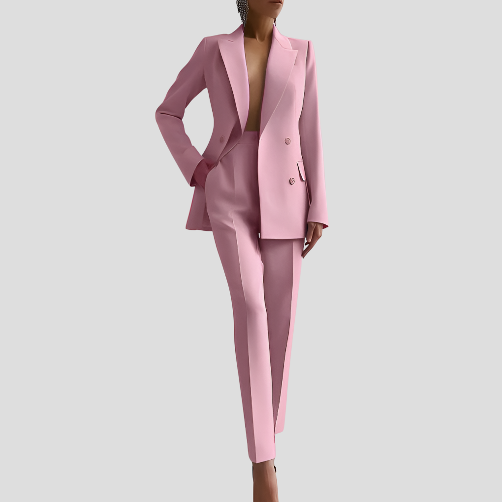 Stylish women's tailored blazer and trousers set, ideal for business casual or elegant office attire.
