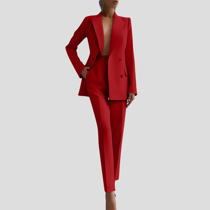 Elegant women's tailored blazer, part of a two-piece co-ord set, featuring a structured design.