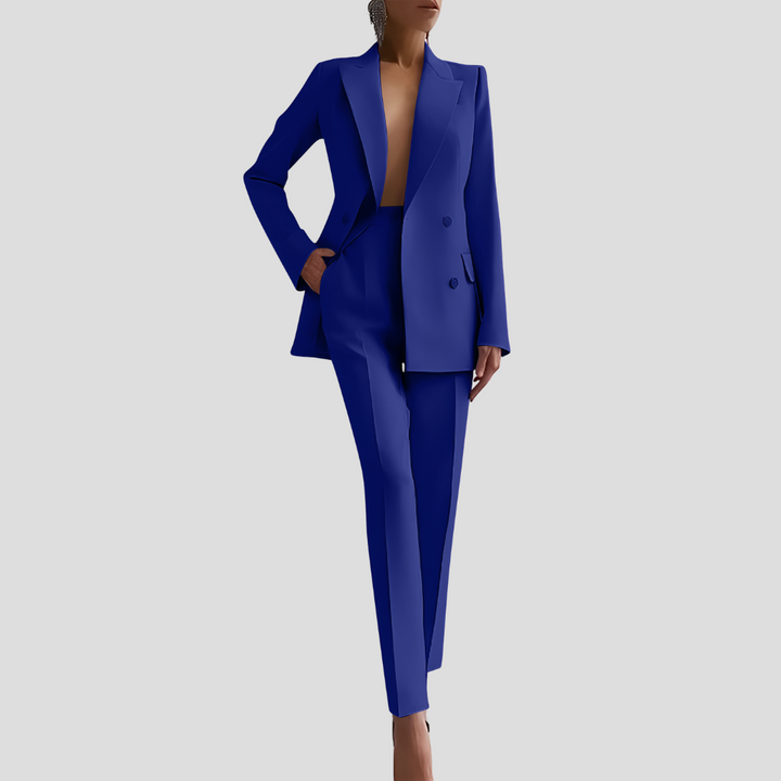 Back view of a women's tailored blazer and trouser co-ord set, highlighting its refined silhouette.