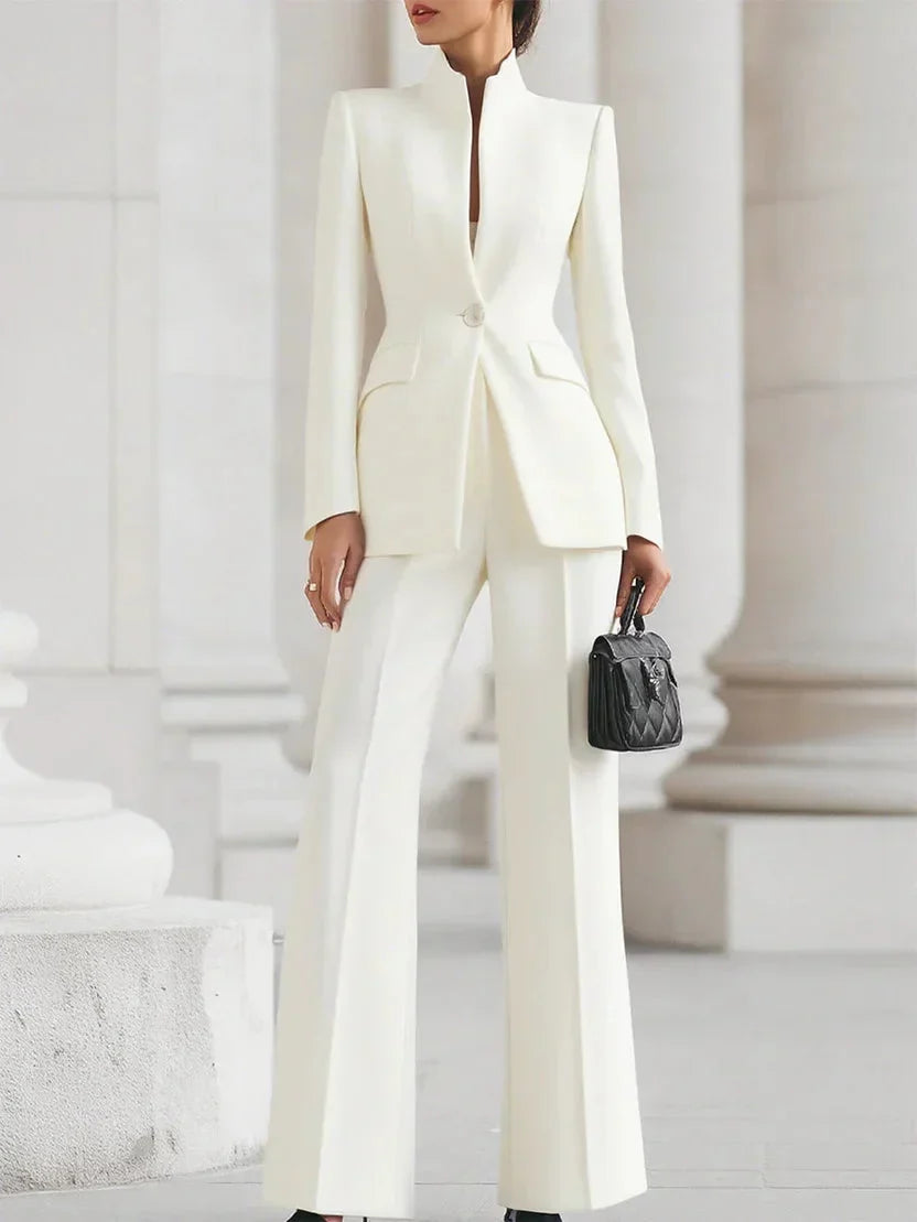 Professional power suit: women's longline tailored blazer & flared trousers. Ideal for business & formal events.