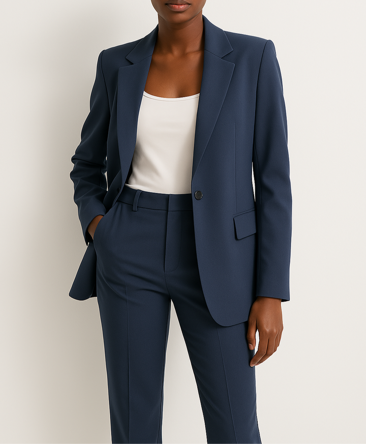 Women's tailored blazer & trouser set in classic color, perfect for professional office wear.
