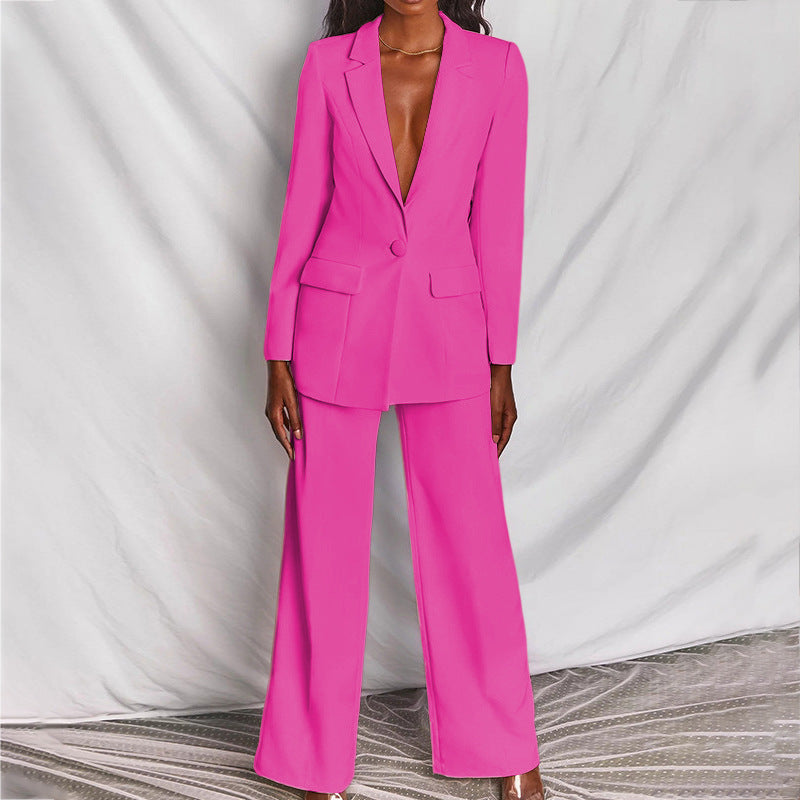 Timeless women's tailored blazer & trousers professional suit set, an essential for year-round business attire.