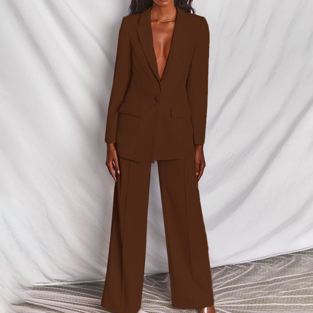 Empowering women's tailored suit set: a professional blazer and trousers for business and career style.