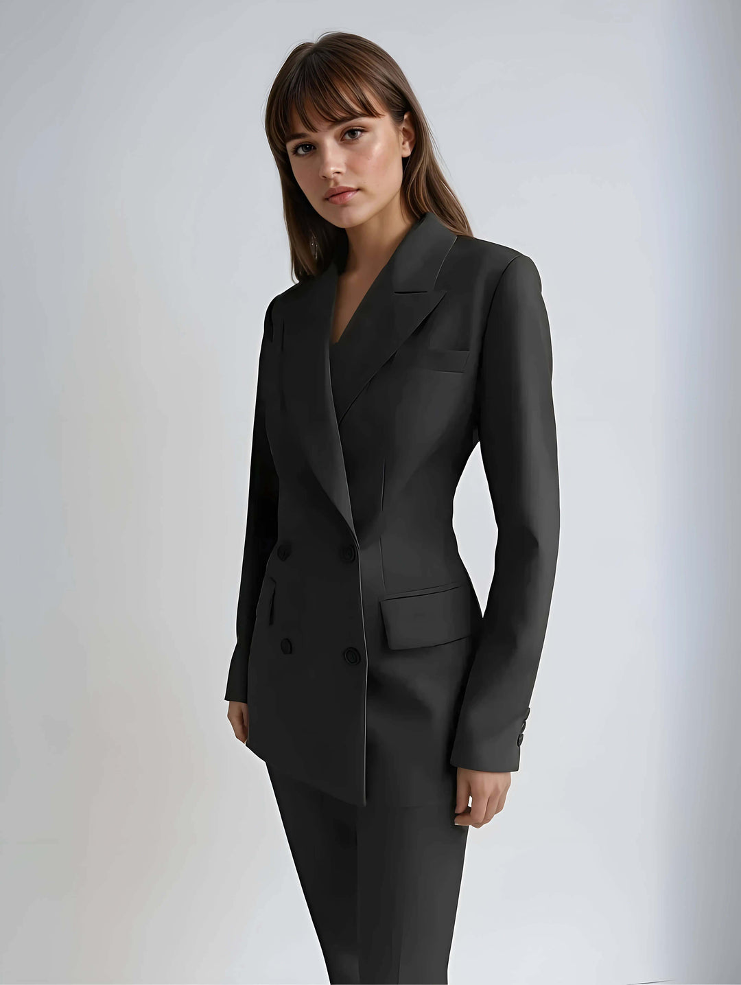 Matching women's tailored blazer & trousers set. Comfortable professional suit for office and business wear.